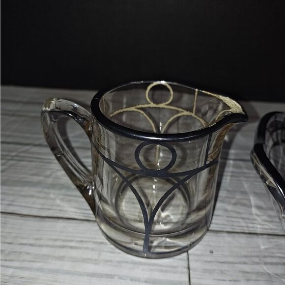 Vintage Clear Glass Silver Overlay Art Nouveau Design Creamer & Sugar Bowl Set - Picture 4 of 8